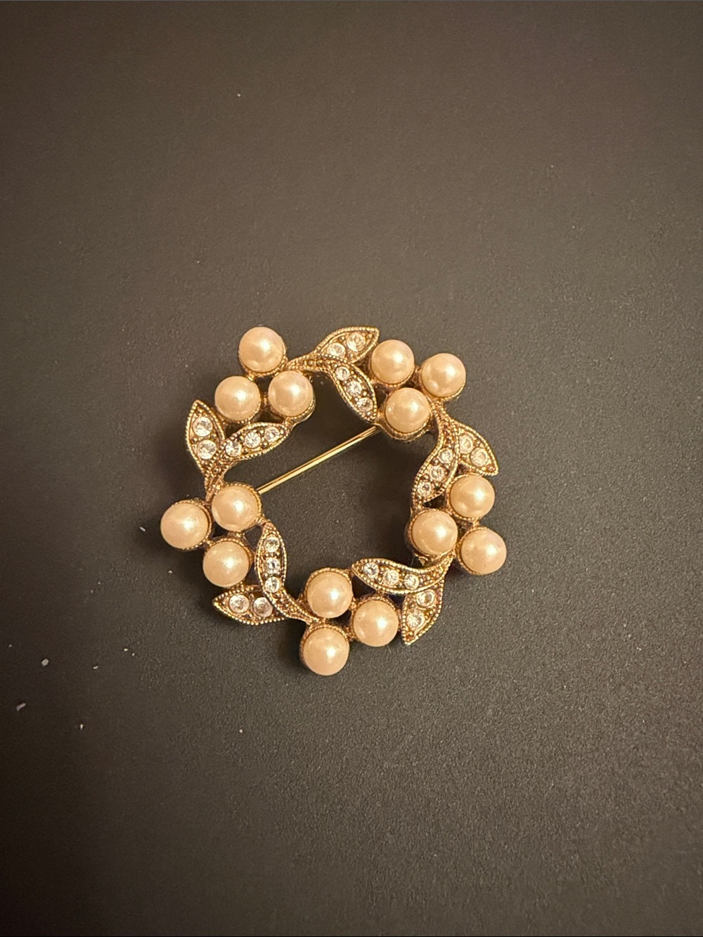 Classic Pearl and Crystal Wreath Brooch - Gold Tone